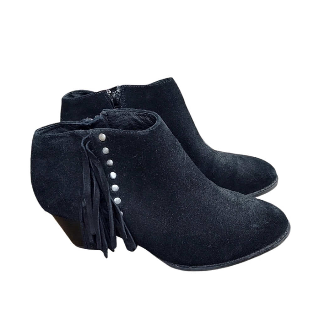 Vionic Black Suede Fringe Ankle Boots With Studded Details